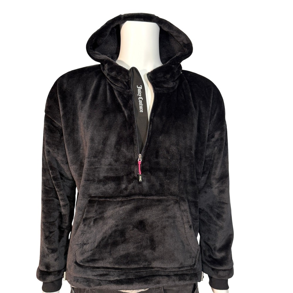 Juicy Couture Black Plush Fleece Hooded Quarter Zip Pullover Sweatshirt Women‎ L